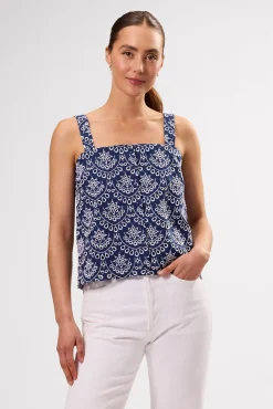 Amour Vert Eyelet Organic Cotton Tank RivieraEyeletIndigo Hot