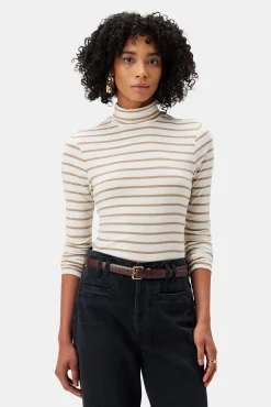 Amour Vert Flannery Modal Turtle Neck IvoryCamelStripe Fashion