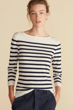Amour Vert Fran Boatneck Striped Cashmere Sweater IvoryandNavyBlueStripe Outlet