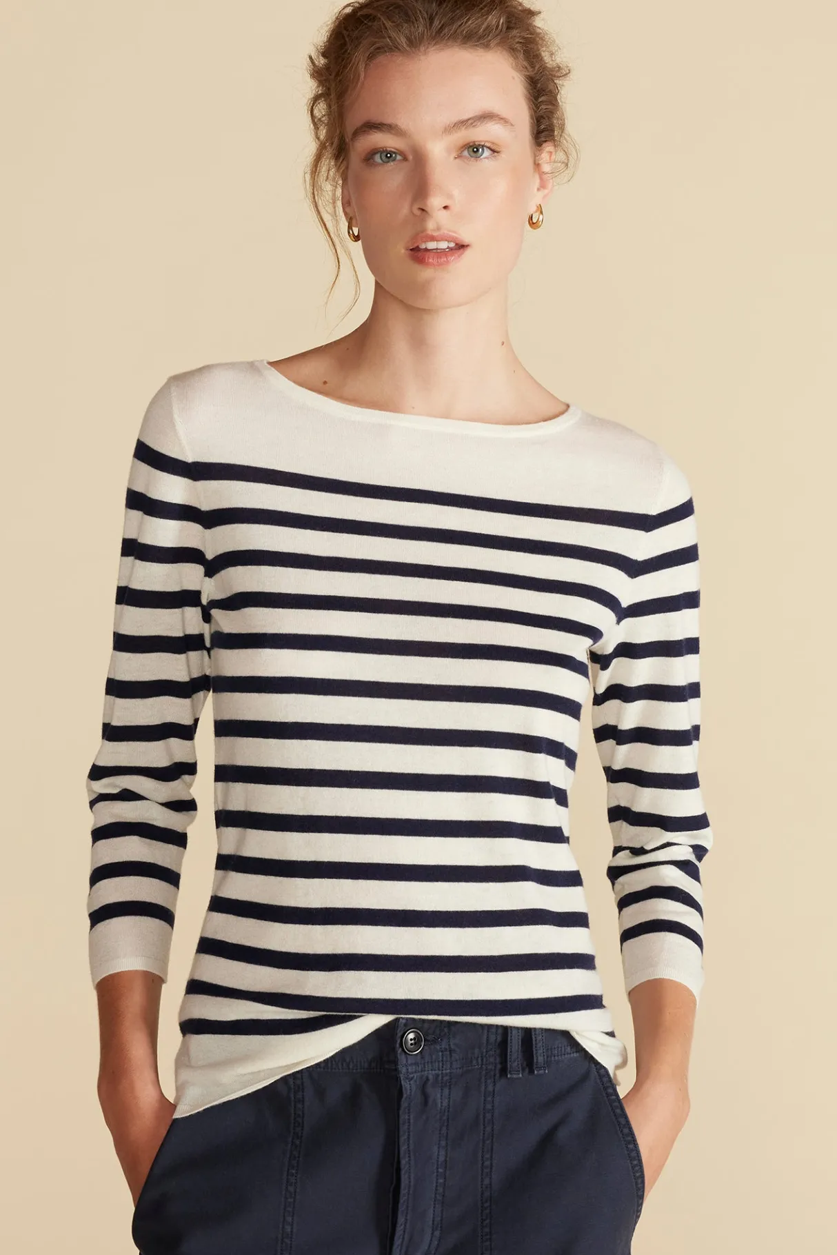Amour Vert Fran Boatneck Striped Cashmere Sweater IvoryandNavyBlueStripe Outlet