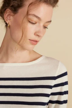 Amour Vert Fran Boatneck Striped Cashmere Sweater IvoryandNavyBlueStripe Outlet