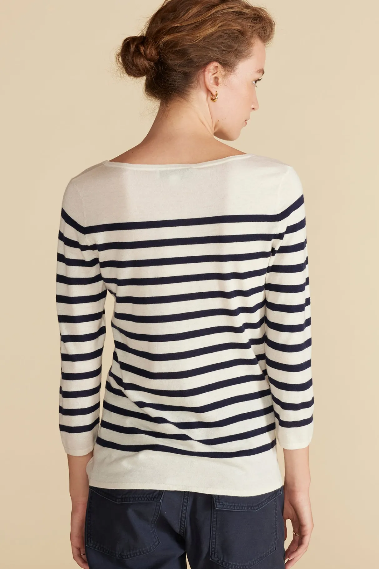 Amour Vert Fran Boatneck Striped Cashmere Sweater IvoryandNavyBlueStripe Outlet