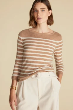 Amour Vert Fran Boatneck Striped Cashmere Sweater CafeAuLaitandIvoryStripe Outlet