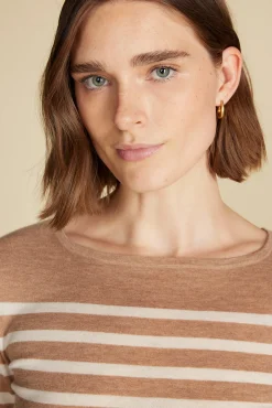 Amour Vert Fran Boatneck Striped Cashmere Sweater CafeAuLaitandIvoryStripe Outlet
