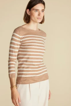Amour Vert Fran Boatneck Striped Cashmere Sweater CafeAuLaitandIvoryStripe Outlet