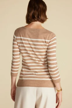 Amour Vert Fran Boatneck Striped Cashmere Sweater CafeAuLaitandIvoryStripe Outlet