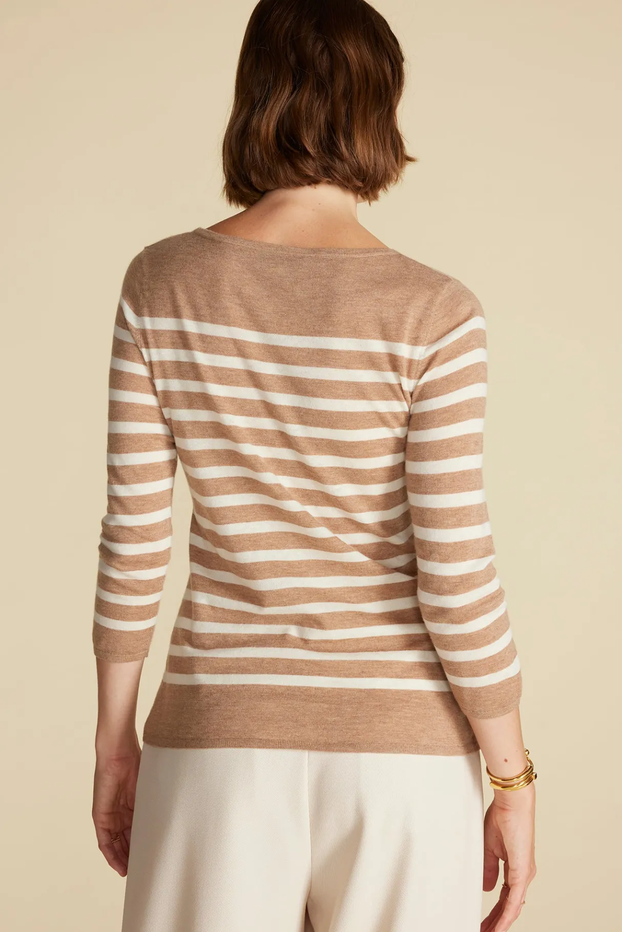 Amour Vert Fran Boatneck Striped Cashmere Sweater CafeAuLaitandIvoryStripe Outlet