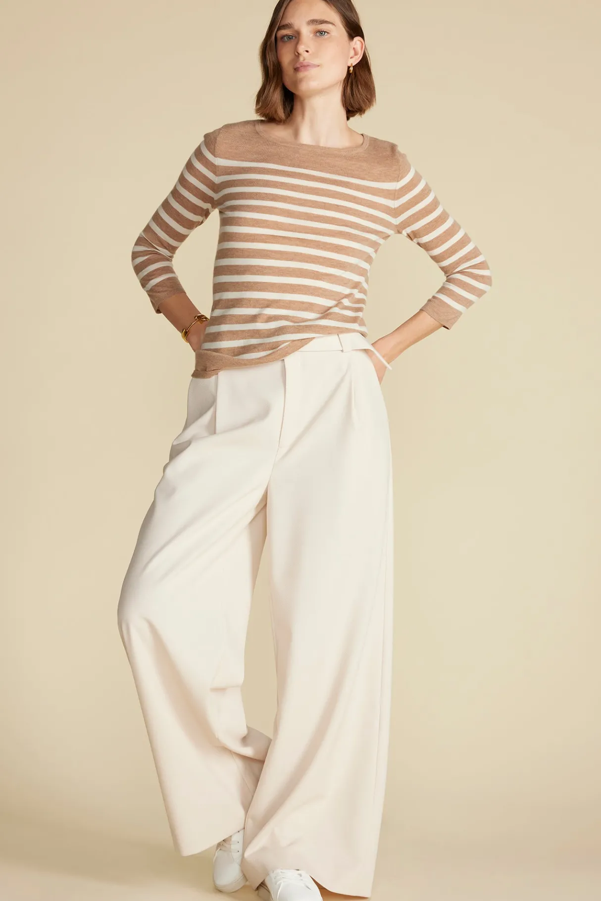 Amour Vert Fran Boatneck Striped Cashmere Sweater CafeAuLaitandIvoryStripe Outlet