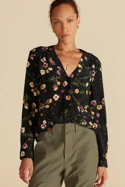 Amour Vert Kaya Washable Silk Blouse BlackMargeuritteWildflowerPrint Online