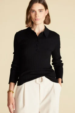 Amour Vert Lorraine Merino Wool Henley Sweater Black Fashion