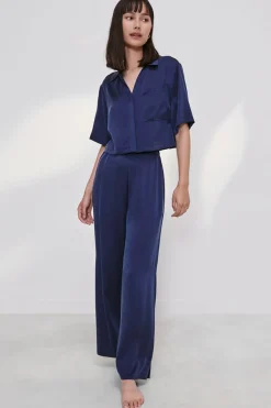 Amour Vert Lunya Washable Silk High Rise Pant Set DeepBlue New