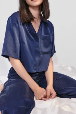 Amour Vert Lunya Washable Silk High Rise Pant Set DeepBlue New