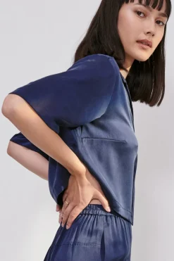Amour Vert Lunya Washable Silk High Rise Pant Set DeepBlue New