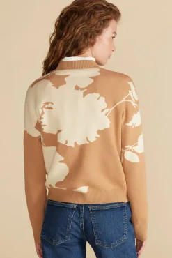 Amour Vert Martha Organic Cotton Jacquard Sweater CamelandIvoryAbstractFloral Hot