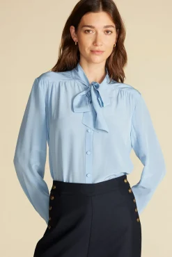 Amour Vert Milla Washable Silk Bow Blouse SkyBlue Discount