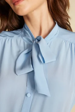 Amour Vert Milla Washable Silk Bow Blouse SkyBlue Discount