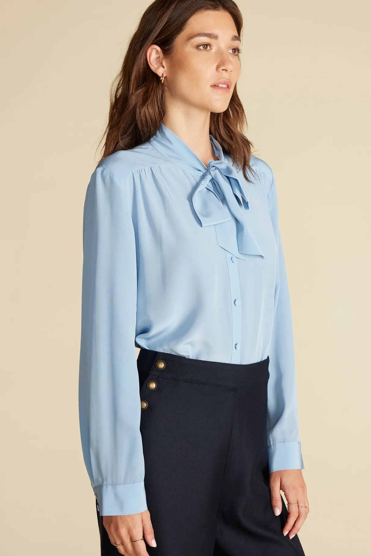 Amour Vert Milla Washable Silk Bow Blouse SkyBlue Discount