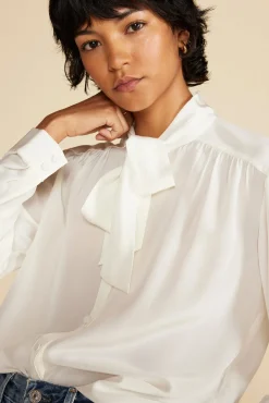 Amour Vert Milla Washable Silk Bow Blouse Ivory Fashion