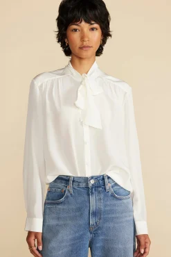 Amour Vert Milla Washable Silk Bow Blouse Ivory Fashion