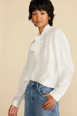 Amour Vert Milla Washable Silk Bow Blouse Ivory Fashion
