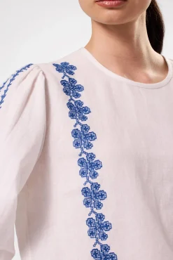 Amour Vert Placed Embroidery Blouse WhiteCobaltEmbroidery New