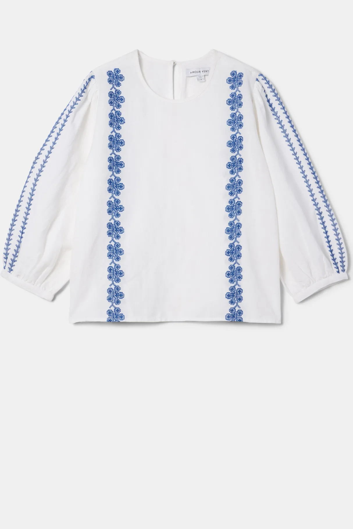 Amour Vert Placed Embroidery Blouse WhiteCobaltEmbroidery New