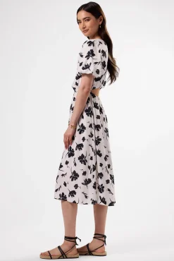 Amour Vert Puff Sleeve Crepe Dress AixWhite New