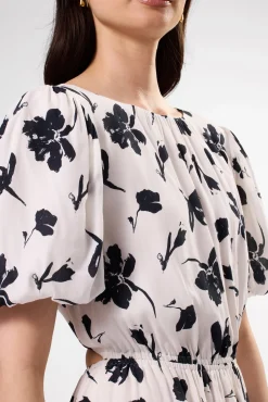 Amour Vert Puff Sleeve Crepe Dress AixWhite New