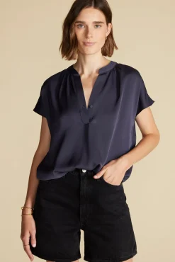 Amour Vert Renata Stretch Silk Blouse NightSkyBlue Discount
