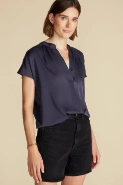 Amour Vert Renata Stretch Silk Blouse NightSkyBlue Discount