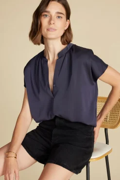 Amour Vert Renata Stretch Silk Blouse NightSkyBlue Discount