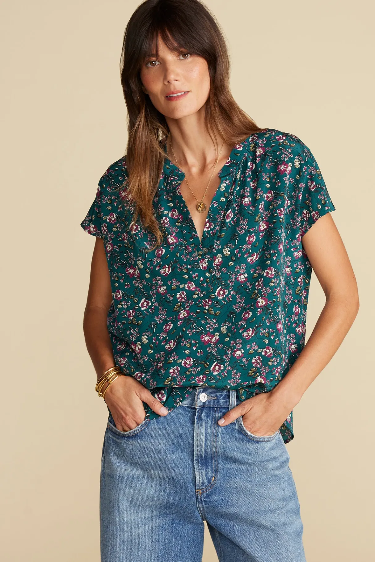 Amour Vert Renata Washable Silk Blouse ChloeGreenFloralPrint Fashion