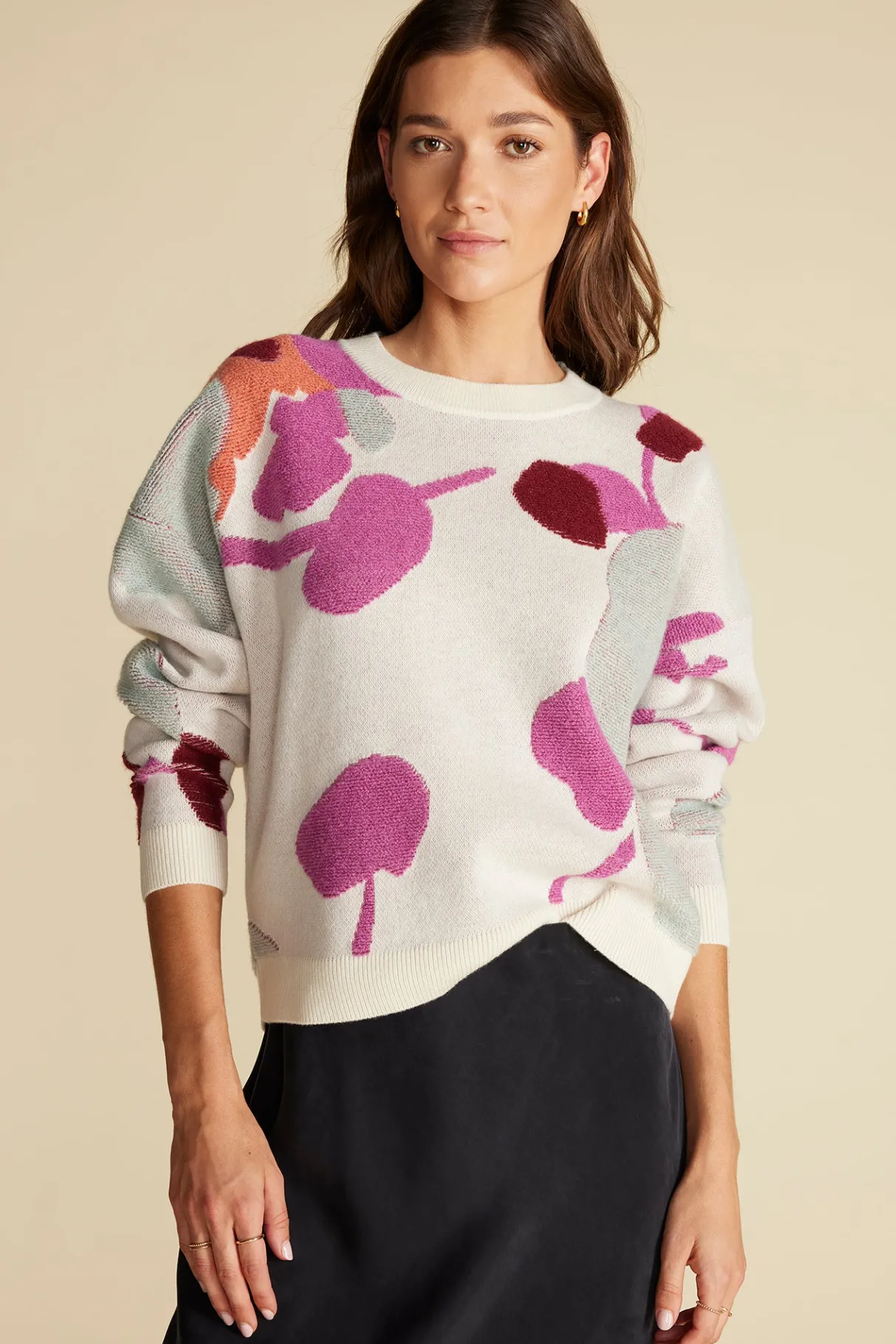 Amour Vert Rowan Jacquard Crew Neck Sweater IvoryPenseePrint Sale