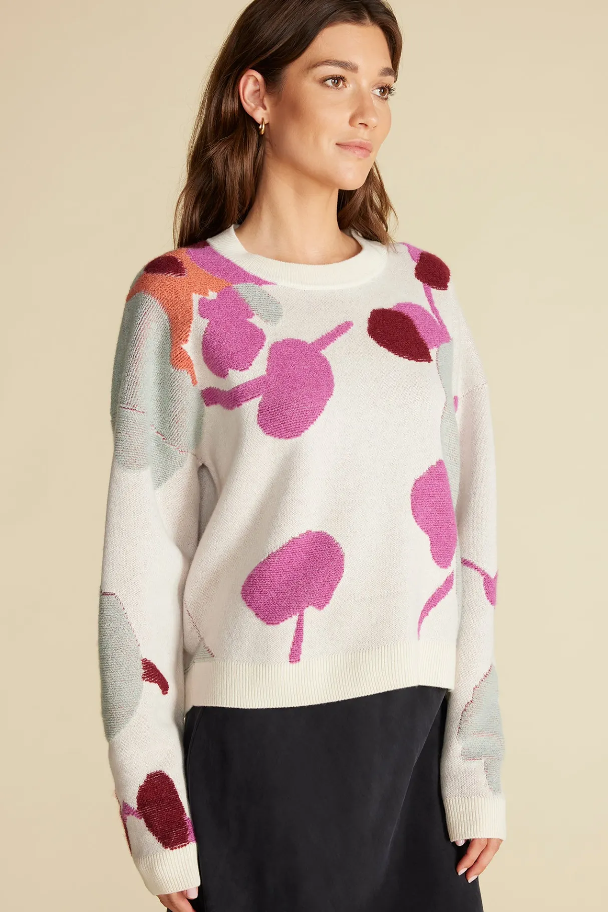 Amour Vert Rowan Jacquard Crew Neck Sweater IvoryPenseePrint Sale