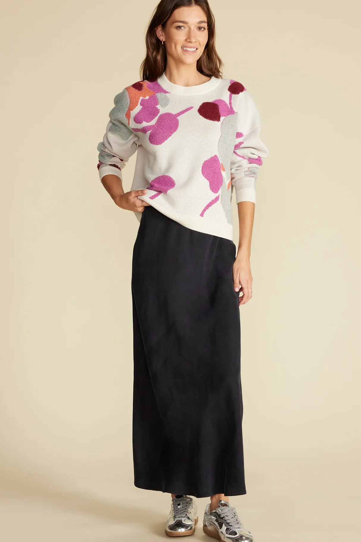 Amour Vert Rowan Jacquard Crew Neck Sweater IvoryPenseePrint Sale