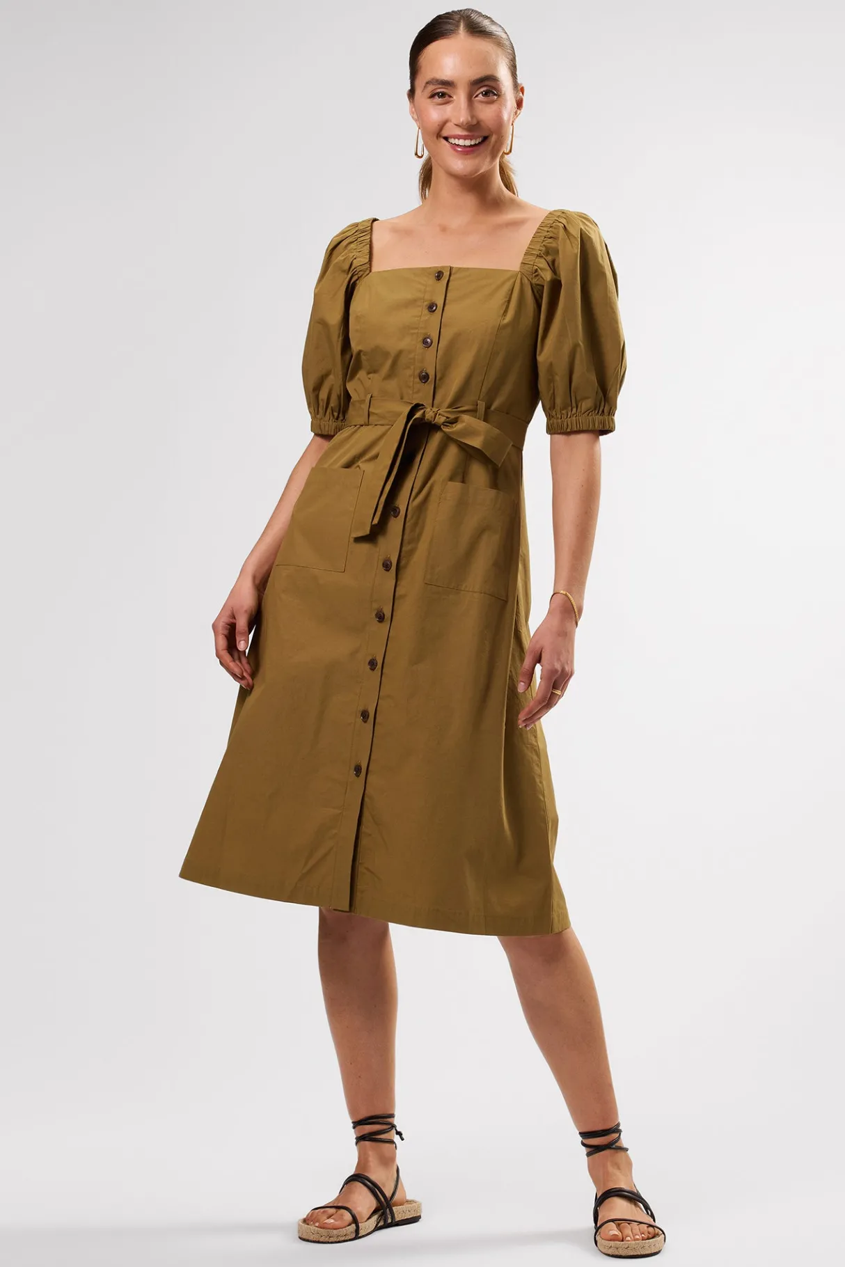 Amour Vert Square Neck Button Front Dress Elm New