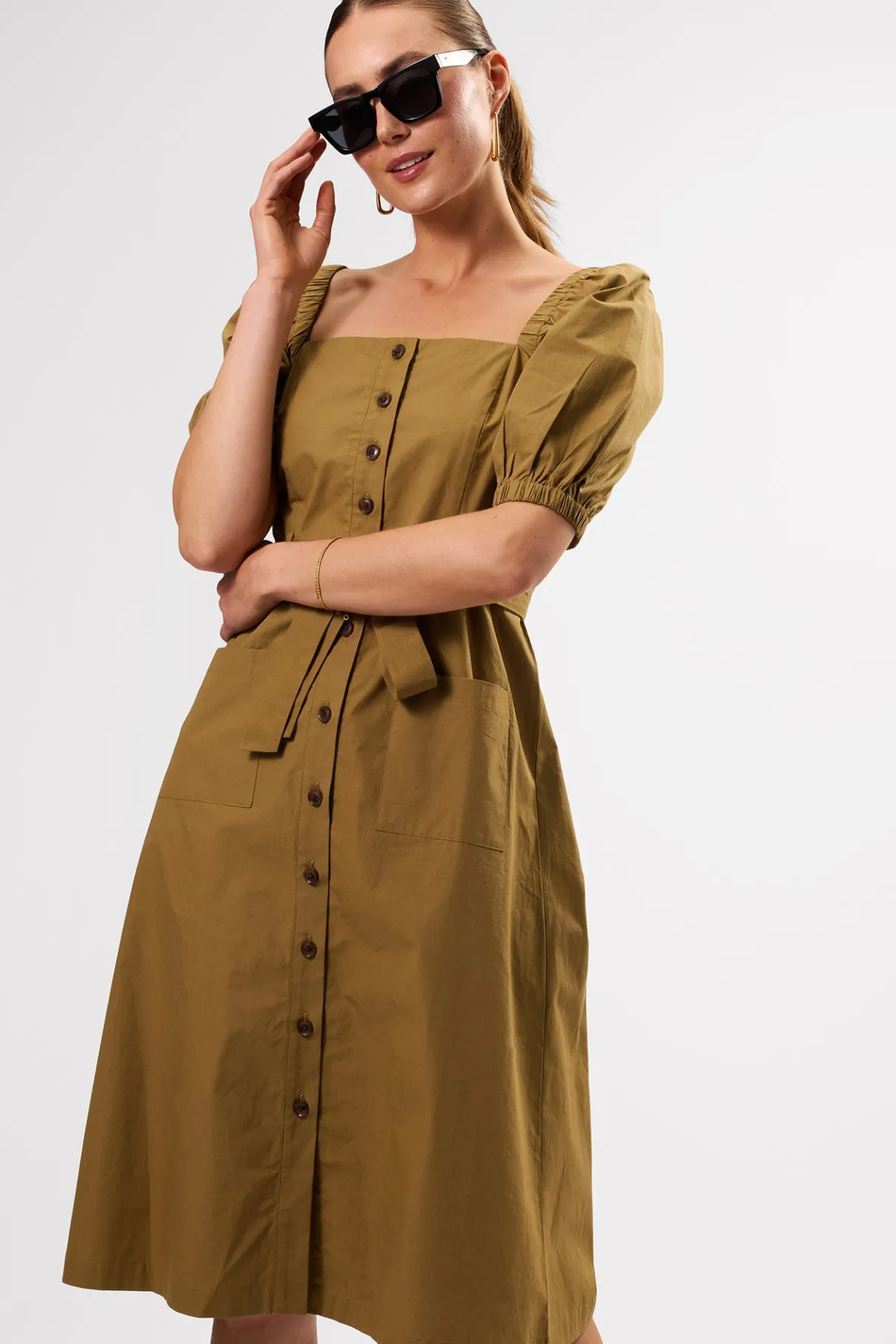 Amour Vert Square Neck Button Front Dress Elm New