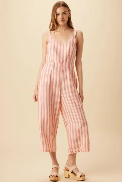 Amour Vert Taya Linen Jumpsuit RustNaturalStripe Online