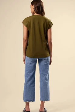 Amour Vert V Neck Solid Tee OliveGreen Hot
